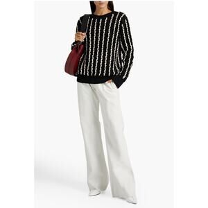 Jason Wu Two Tone Linen Cotton Woven Stripe‎ Navy Cream Pullover Sweater M